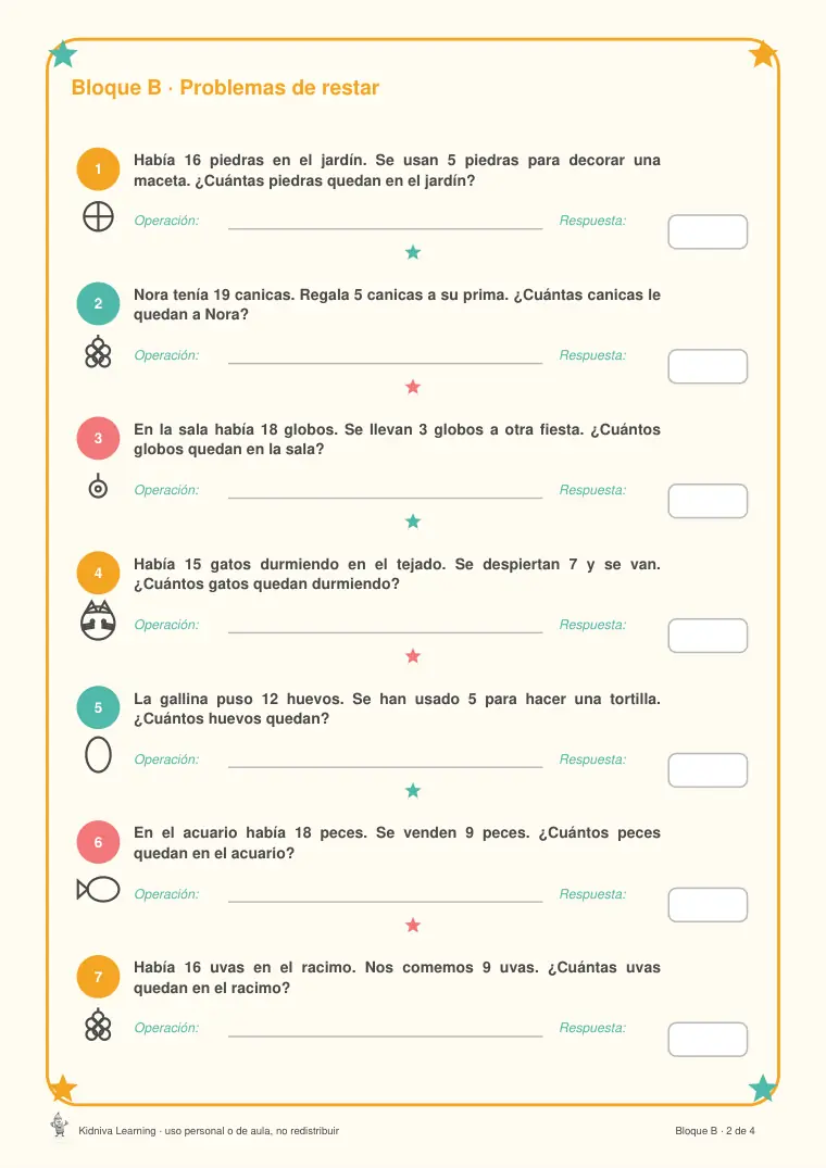 Página de muestra 1 de Problemas de Sumar y Restar