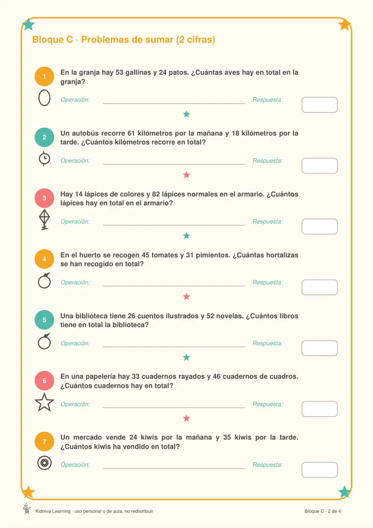 Página de muestra 2 de Problemas de Sumar y Restar
