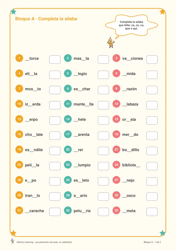 Ortografía: ca, co, cu, que, qui